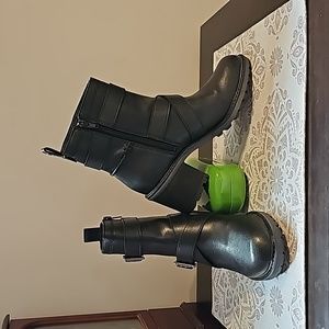 Style & Co Black Leather Lug Heel Boots w/ Buckles